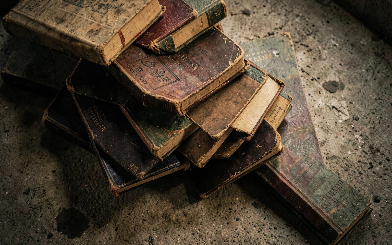 Stack of secondhand books on a concrete surface