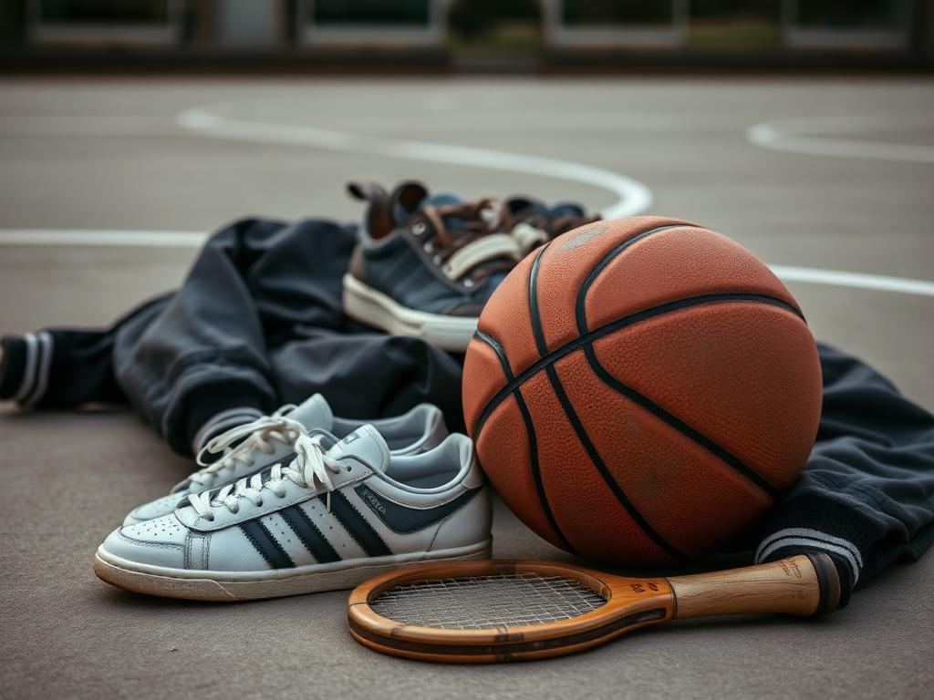Vintage sporting goods on a concrete court