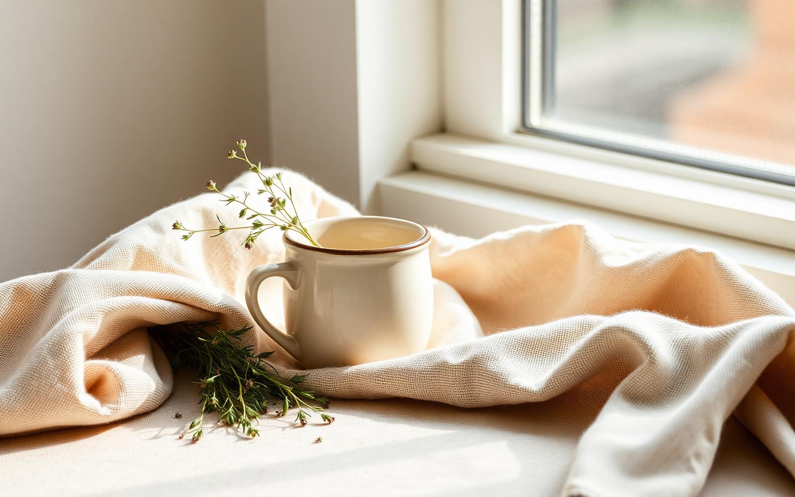 Minimal wellness still life with a ceramic mug, herbs and linen in morning light