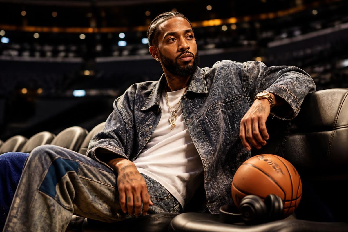 Professional athlete in designer streetwear courtside with headphones and basketball