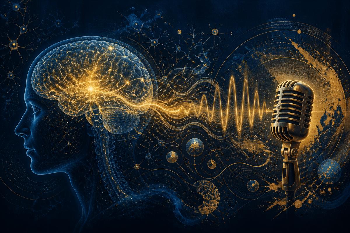 Abstract brain neural networks merging with sound waves and a vintage microphone