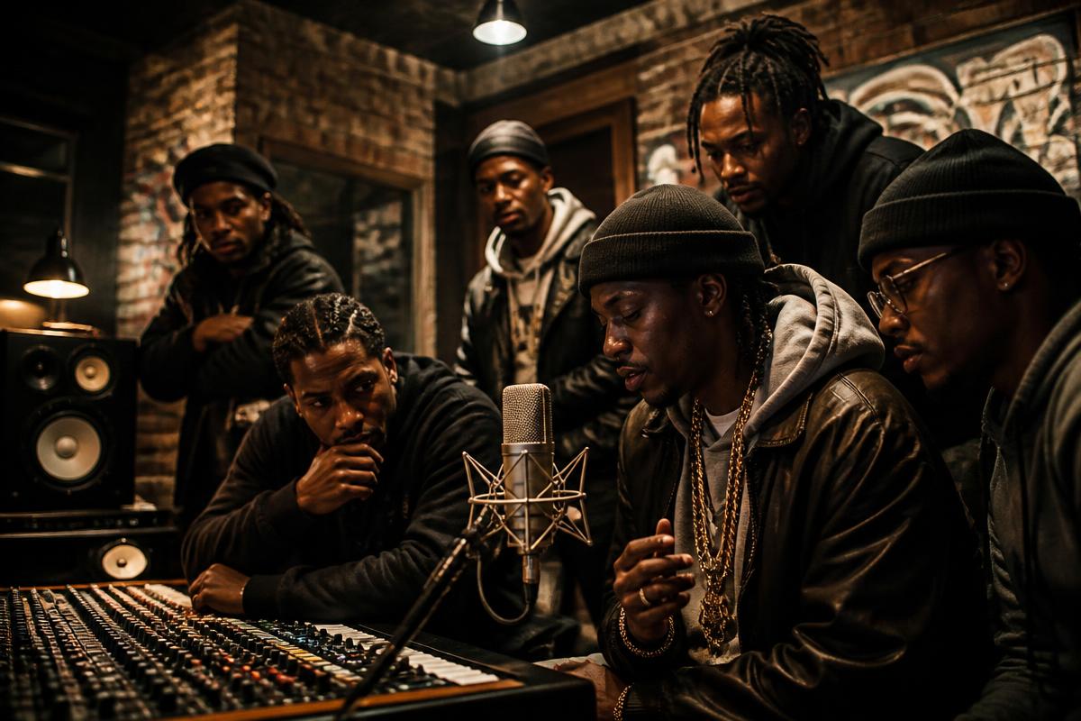 Hip-hop artists gathered around a mixing board in a vintage studio