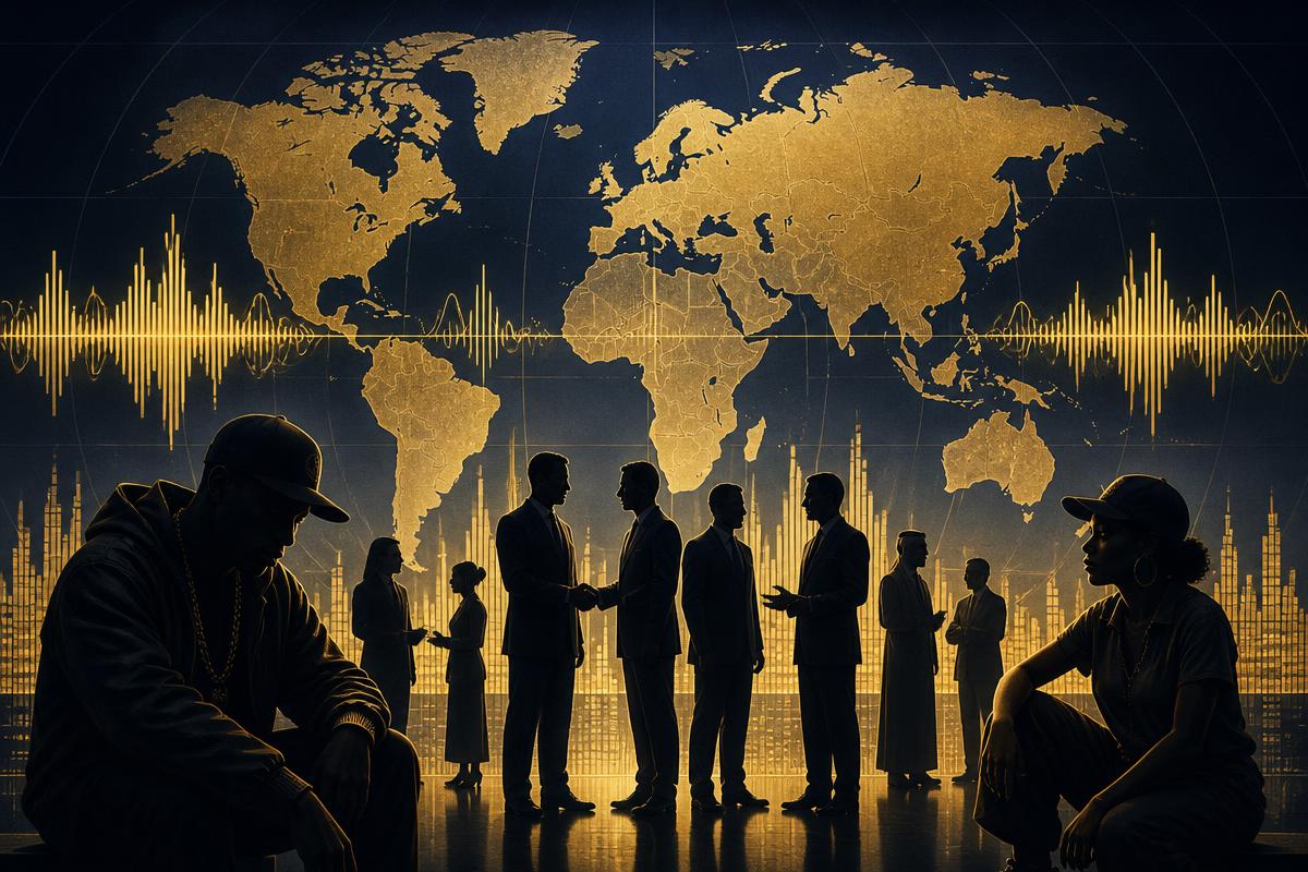 Silhouettes of diplomats and artists against a world map with sound waves