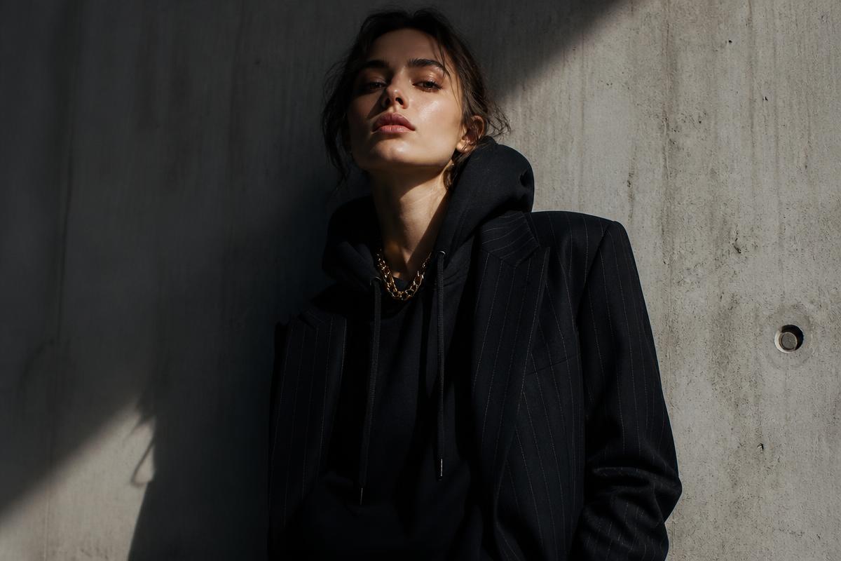 Model wearing oversized hoodie under a tailored blazer against a concrete wall